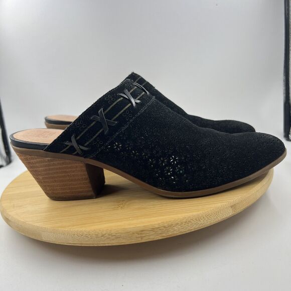 Frye & Co. Suede Leather Perforated Mule Jacy Black Sz 9M Floral Block Heel Shoe - Picture 1 of 11
